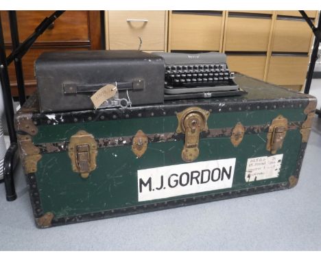 A cased Imperial typewriter and a metal bound shipping trunk 