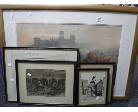 A gilt framed M. Davis watercolour of Durham, two coloured etchings, black and white print - North Road Railway Viaduct and a