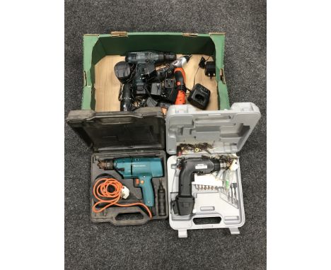 A box of cased and uncased power tools - Black & Decker, Challenge, hammer drills, multi tools 