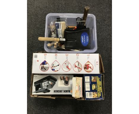 Two boxes of assorted hand tools, steam cleaner, flood light, Black & Decker wall paper stripper etc 