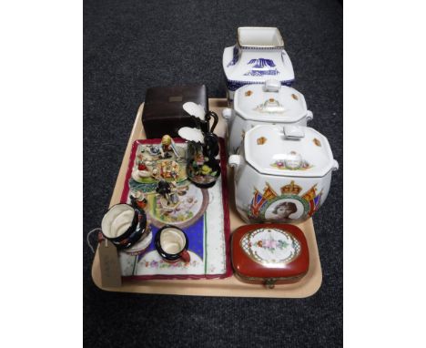 Two trays of continental figures, Ringtons vase and caddy, Wedgwood Etrura coronation trinket box, Victorian cigarette box et