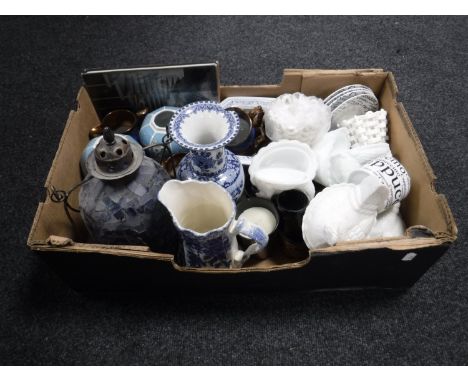 A box of vintage telephone, brass wall sconces, china, photo frame, blue and white ware etc 