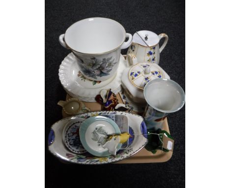 A tray of assorted china including Royal Worcester planter, set of six Copeland Spode gooseberry plates, Maling bowl, Goebel 