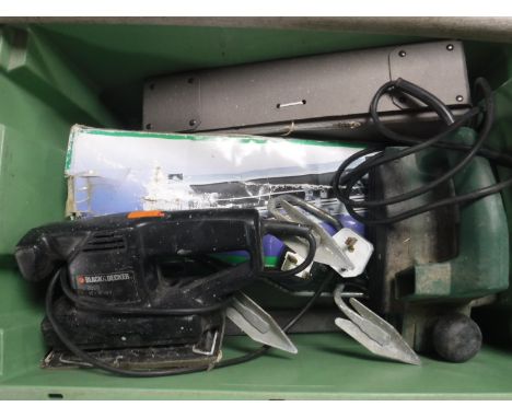 Two tool boxes of hand tools, box of electric sanders, tile cutter and three garden tools 