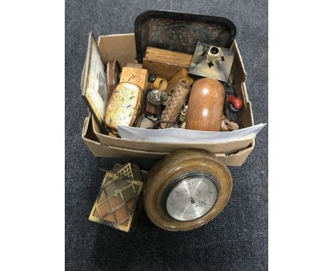 An Art Deco oak canteen and a box of barometer, wooden trinket boxes, brass ware, metal tray etc 