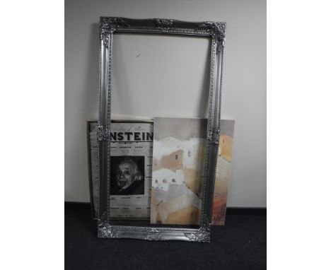 A large silvered frame together with a contemporary wall canvas and a print