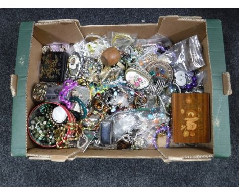 A box of costume jewellery, trinket box, china etc 