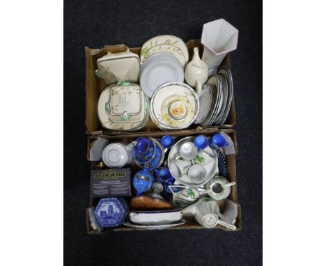 Two boxes and a wicker picnic basket containing Star Wars Darth Vader figure, assorted dinner ware, Japanese tea china, Ringt