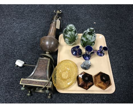 A tray of decorative glass ware, Beswick Gleneagles scotch whiskey decanter, ornate metal lamp base, etc 