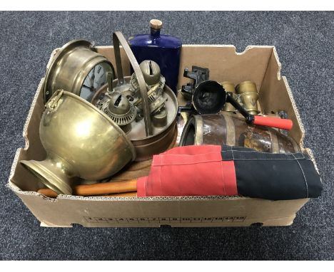 A box of assorted metal ware, field glasses, vintage mincer, two signalling flags etc 