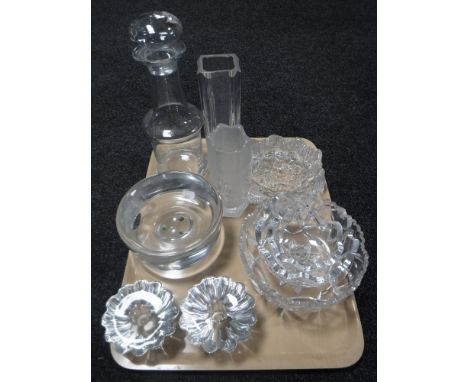 A tray of assorted Danish glass ware including two graduated Holmegaard bowls, ash tray, candle holders, decanter etc 