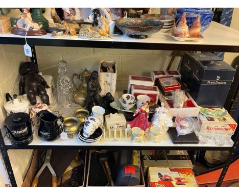 Two Royal Doulton lady figurines, Royal Albert crystal, Lurpak memorabilia, Waterford decanter, chess pieces, etc.