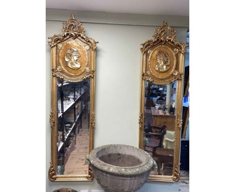 Pair gilt framed portrait panelled rectangular bevelled wall mirrors, 178cm by 51cm.