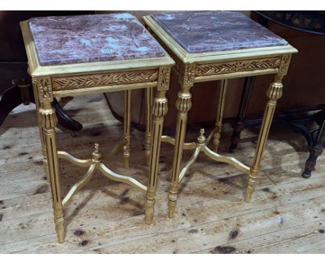 Pair gilt and marble inset top lamp tables, 72cm by 41cm by 41cm.