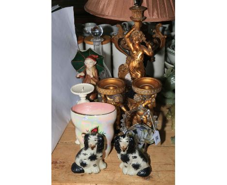 Ornate Cupid table lamp and a pair of candle holders, decanters, Maling, etc.