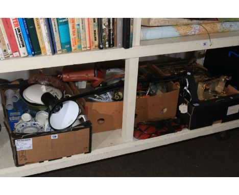 Three boxes of porcelain, floor angle lamp, binoculars, gilt Continental mantel clock, cutlery, etc.