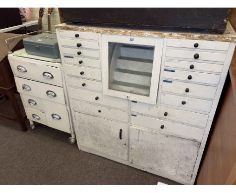 Two vintage dental cabinets and box of dentists tools.