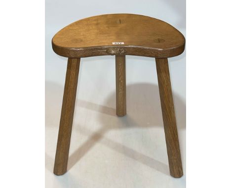 Robert Thompson of Kilburn 'Mouseman' three legged kidney shaped stool, 45cm by 36.5cm by 28cm.