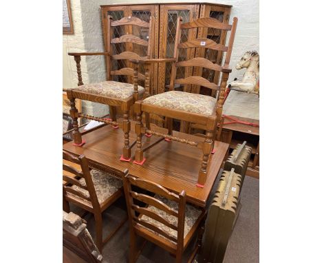 Barker and Stonehouse Oak linen fold panel three section wall unit, entertainment unit, draw leaf dining table and six ladder