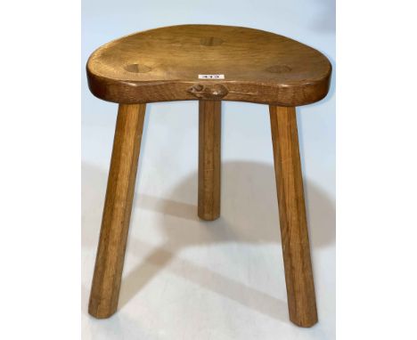 Robert Thompson of Kilburn 'Mouseman' three legged kidney shaped stool, 35cm by 30cm by 23cm.