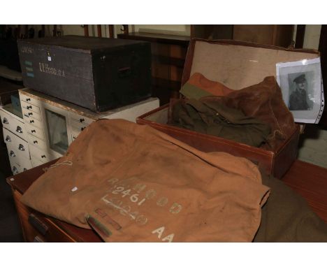 War coat, leather under jacket, sleeping sheet, Royal Artillery uniform jacket, belts, trunk, case etc belonging to RR Hood.