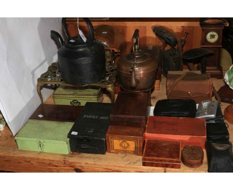 Arnold precision scales, Victorian mantel clock, cast iron kettle, postal stampers, oil burner, cameras, miniature longcase c