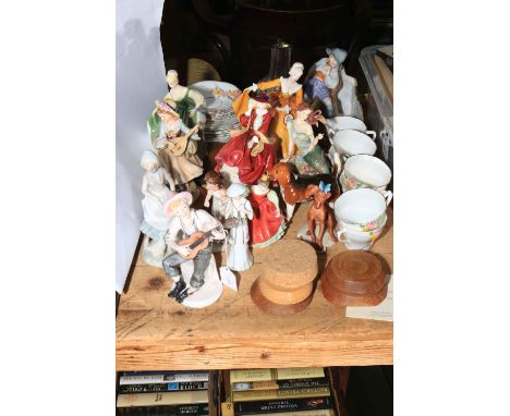 Royal Doulton lady figures, novelty decanter, Royal Osborne childhood memories, etc.