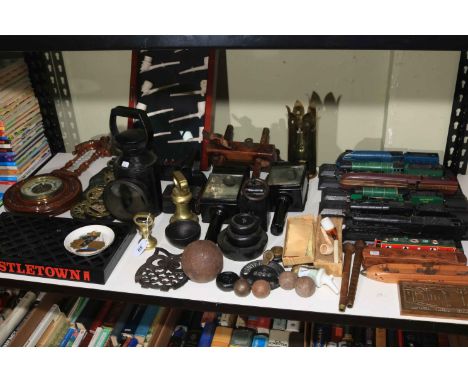 Collection of coach lamps, railway lamp, Meerschaum pipes, barometer, train carriages, weights, badges, etc.