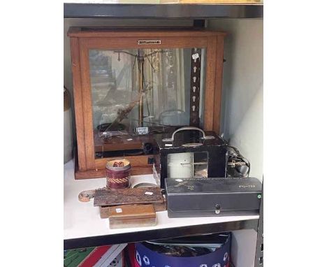 Cased chemical scales, balance scales, chess sets and boards, Newlyn mugs, stoneware bottle, etc.