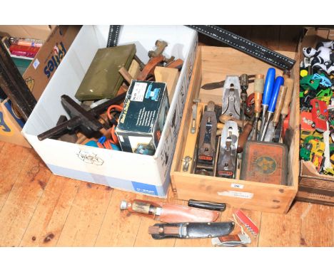 Two boxes of various tools including planes, chisels, various knives, etc.