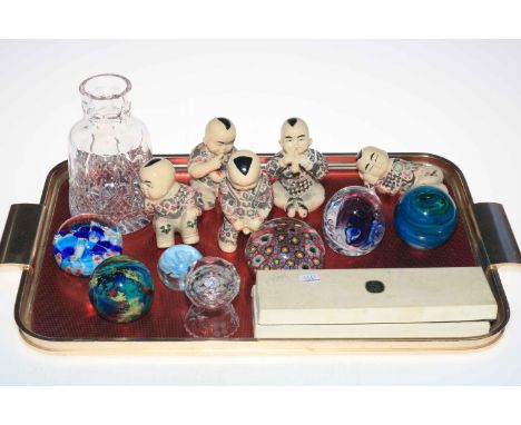 Millefiori and other glass paperweights, Oriental figures and Spear &amp; Jackson fork and spoon.