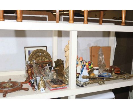 Ornate brass book trough, figurines, metalwares, Parian ware busts, glass, ships wheel, etc.
