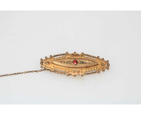 9 carat gold, ruby and pearl brooch.