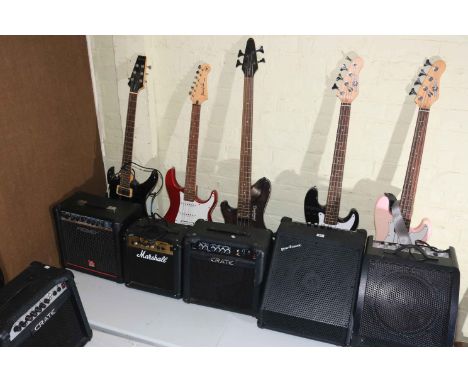 Five electric guitars with amps including Tanglewood Rebel, Urchin Series, Pacific Yamaha.