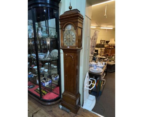 Antique oak and mahogany banded eight day longcase clock having arched dial signed Nich Muddle, Tunbridge, 233cm.