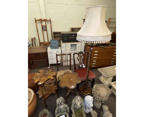 Two antique side chairs, barley twist standard lamp and shade, tripod table, whatnot and child's folding chair (6).