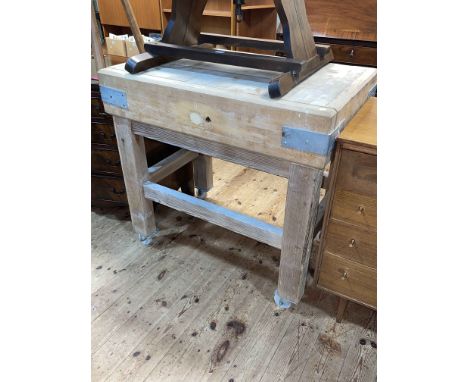 Butchers block stamped with military broad arrow on portable stand, 88cm by 92cm by 61cm.