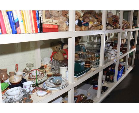 Large collection of decorative porcelain, table service wares, glass, blue and white pottery, teddy bears, table lamp includi