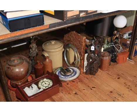 Large pottery table lamp and shade, figure lamp, wood carvings, stoneware jars, binoculars, shoe last, etc.