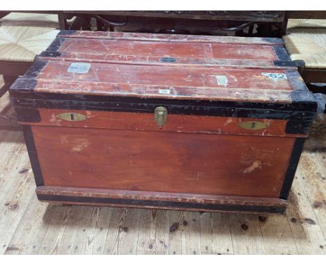 Vintage The Marshall improved air and water tight travelling trunk, 57cm by 91cm by 53cm.