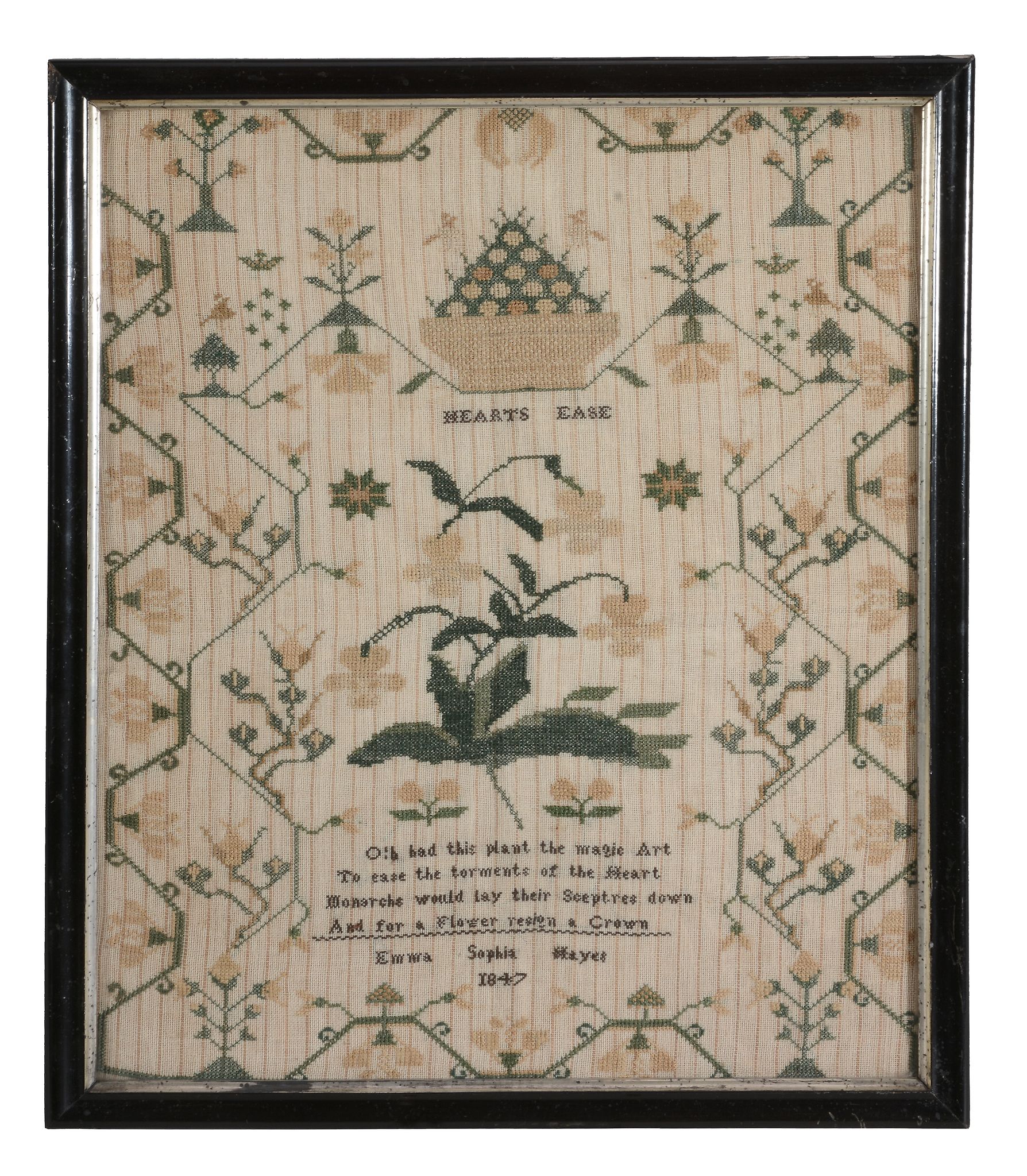 A Victorian needlework sampler, the work of Emma Sophia Hayes, 1847 A