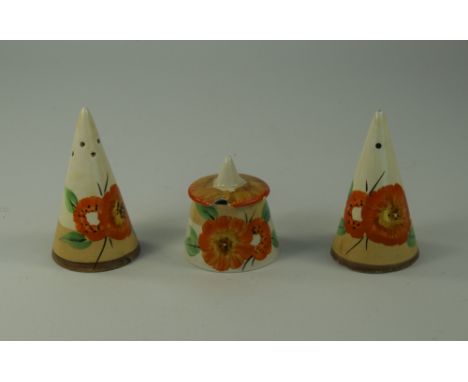 Clarice Cliff Art Deco Hand Painted 3 Piece Cruet Set ' Morning Dew ' Pattern. c.1937. Condition Is Good, Except for Nicks to