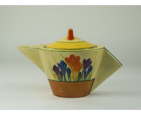 Clarice Cliff - Art Deco Hand Painted Conical Shaped Teapot ' Crocus ' Pattern. c.1929. Full Marks to Base. 4.5 Inches High. 