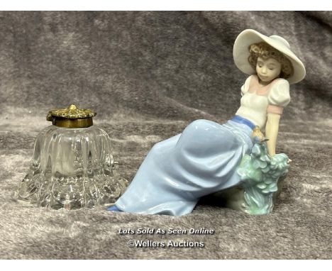 Lladro Nao figure "Girl Listening to Bird" and glass ink well with brass lid / AN34 