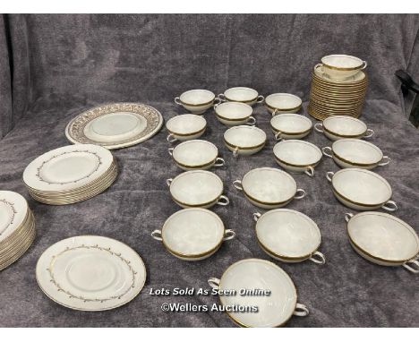 A set of nineteen Minton twin handled cups and saucers, with twenty one Royal Doulton 'Rondo' patterned plates and a Wedgewoo