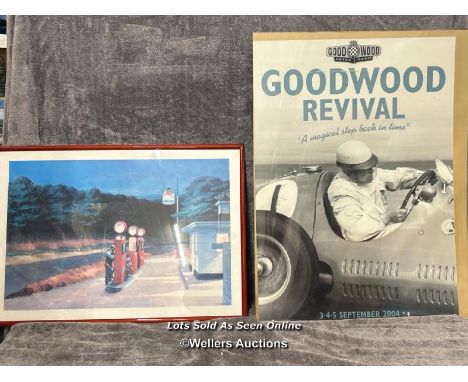 Goodwood Revival 2004 poster, 55 x 68cm and framed Edward Hopper gas station print, 70 x 50cm / AN25 