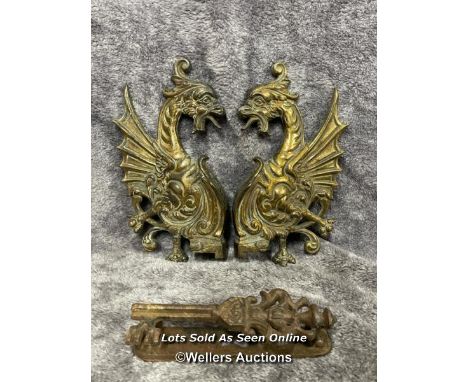 A pair of brass door fixtures in form of a dragon and one other iron door knocker, dragons 20cm high x 12cm wide, knocker 15c