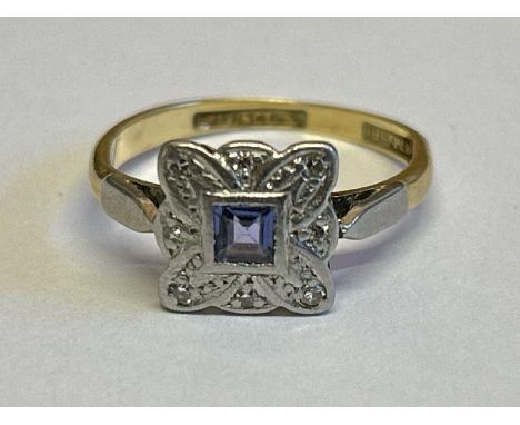 Square sapphire and diamond plaque style ring stamped Bravingtons 18ct and Plat. Ring size L, gross weight 3.27g / SF 