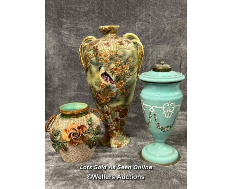 Large Satsuma style vase decorated with birds and flowers, 47cm high with a ceramic oil lamp (incomplete) and small rose vase