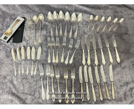 Mainly WMF silver plate cuttlery (36) with other cutlery including a fork from Harrod's and a George Genson silver spoon 1977